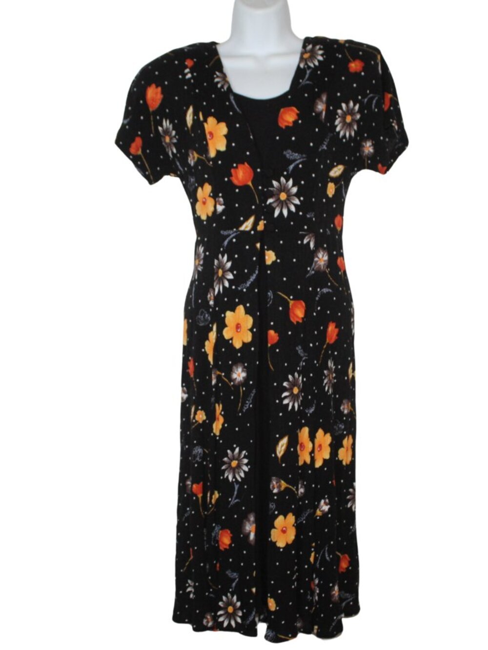Vintage Alix Taylor petite women's dress size 6P black floral polka dot mini 90s